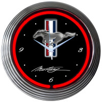 Ford Mustang Tri-Bar Red Neon Wall Clock with Chrome Rim - 15" Round