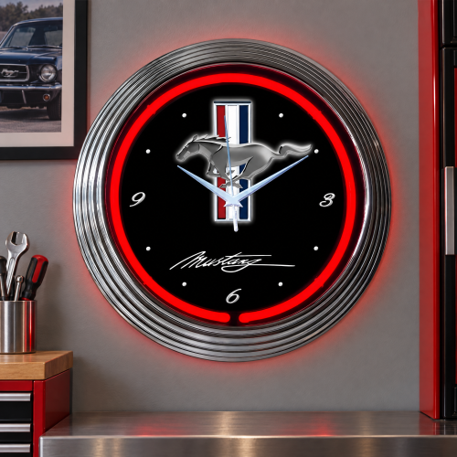 Ford Mustang Tri-Bar Red Neon Wall Clock with Chrome Rim - 15 Inch