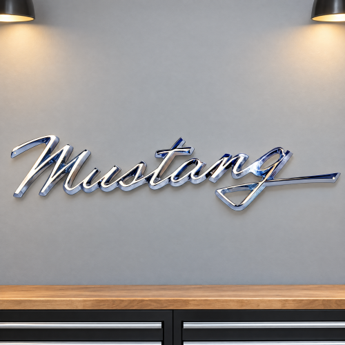 Ford Mustang Metal Sign - Chrome-Look Script Wall Art
