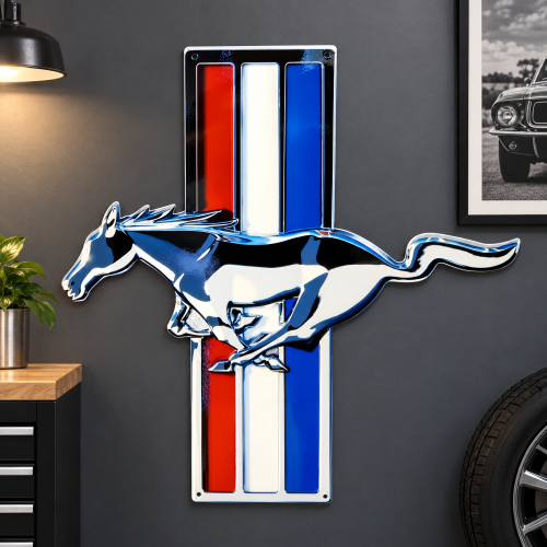 Ford Mustang Metal Sign - Tri-Bar Pony Emblem Wall Art
