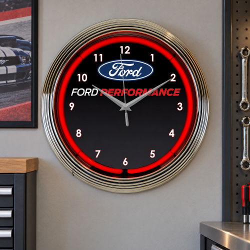 Ford Performance Red Neon Wall Clock with Chrome Rim - 15 Inch Round