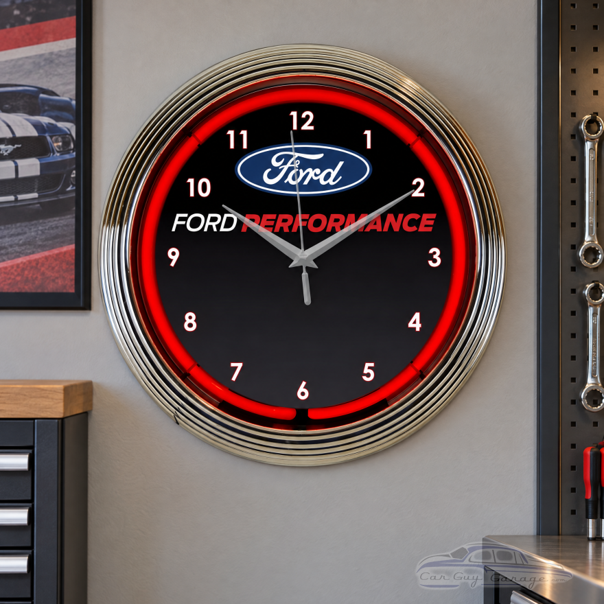 Ford Performance Red Neon Wall Clock with Chrome Rim - 15 Inch Round
