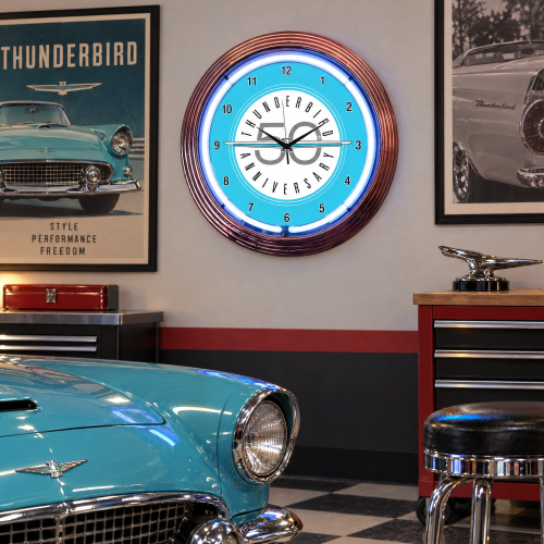 Ford Thunderbird 50th Anniversary Neon Clock - 15 Inch Round