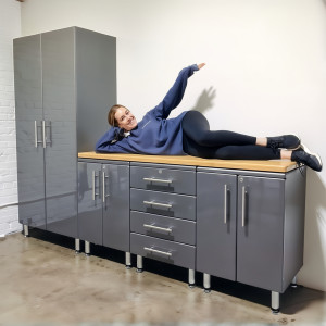 Grey Garage Workbench Cabinet Set with Tall Closet - 8 ft 11.5 in wide