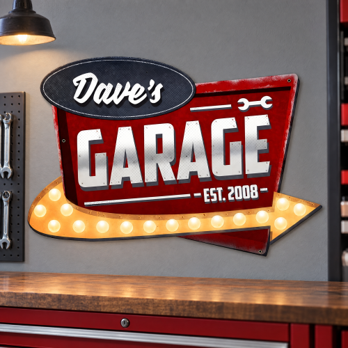 Garage Personalized Metal Sign with Vintage Shop Art - 24" x 16"