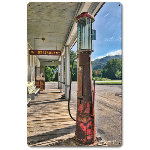 Gas Pump Scene Metal Sign - 12" x 18"