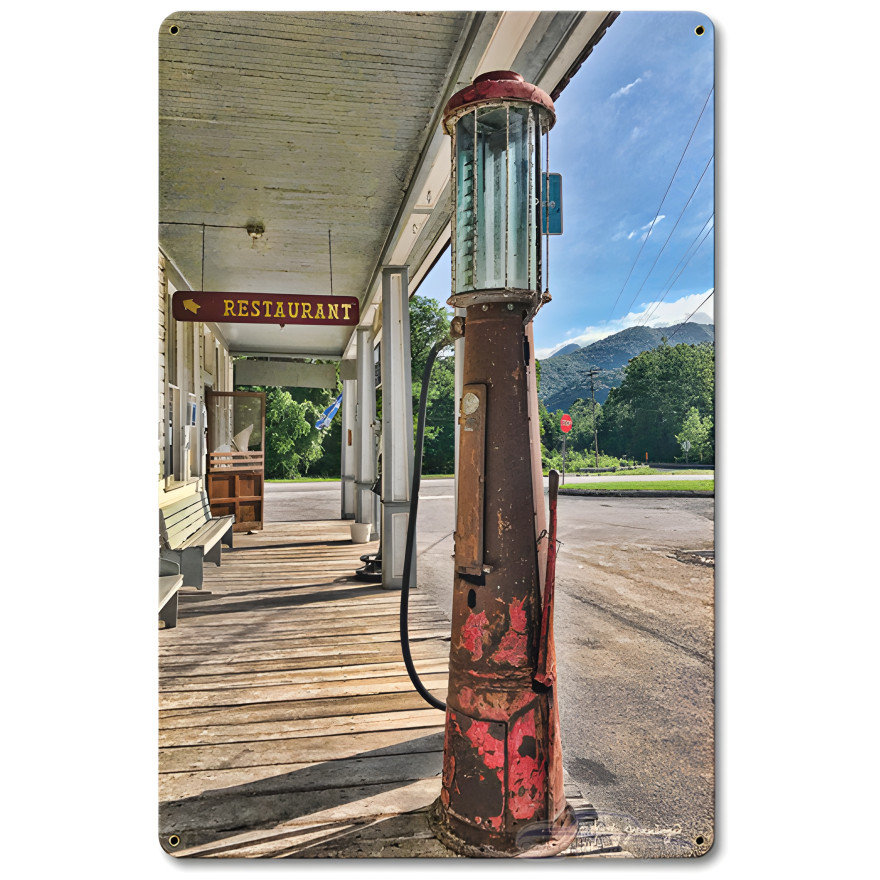 Gas Pump Scene Metal Sign - 12" x 18"