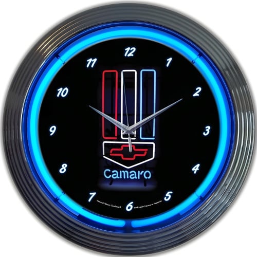 Chevrolet Camaro Red, White and Blue Neon Clock