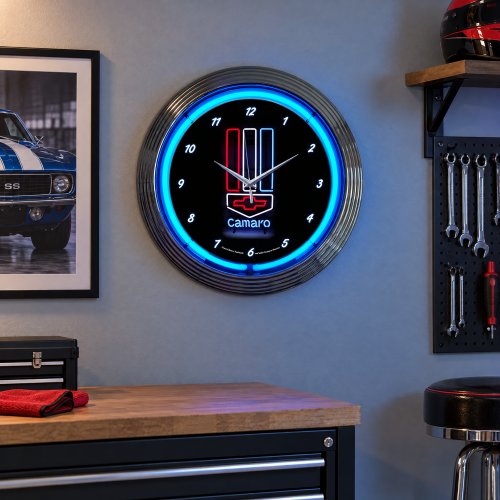 Chevrolet Camaro Neon Clock Red White and Blue 15 Inch