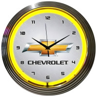 Chevrolet Bowtie Yellow Neon Wall Clock, Chrome Bezel - 15" Round