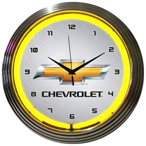 Chevrolet Bowtie Yellow Neon Wall Clock, Chrome Bezel - 15" Round