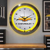 Chevrolet Neon Wall Clock, Yellow 15 Inch Chrome Bezel