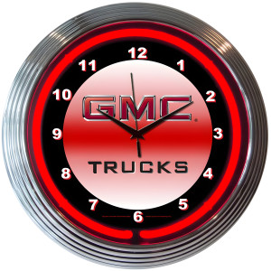 GMC Trucks Red Neon Wall Clock with Chrome Rim - 15" Round