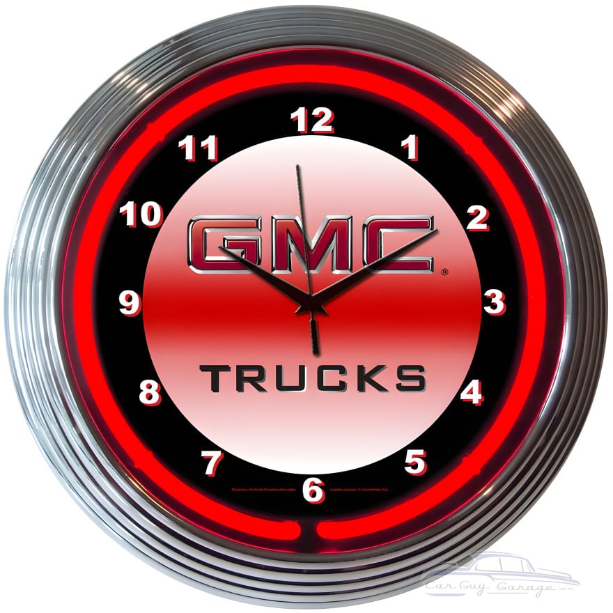 GMC Trucks Red Neon Wall Clock with Chrome Rim - 15" Round