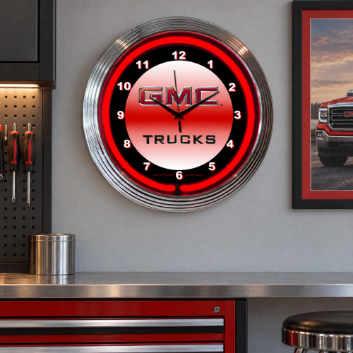 GMC Trucks Red Neon Wall Clock with Chrome Rim - 15 Inch