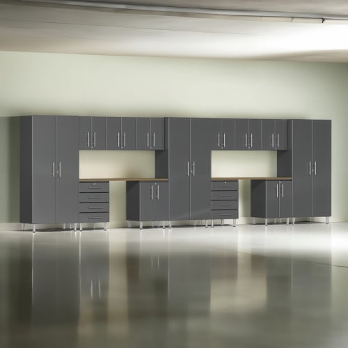 Grey Modular 15 Piece Garage Cabinet Kit with Dual Workstation