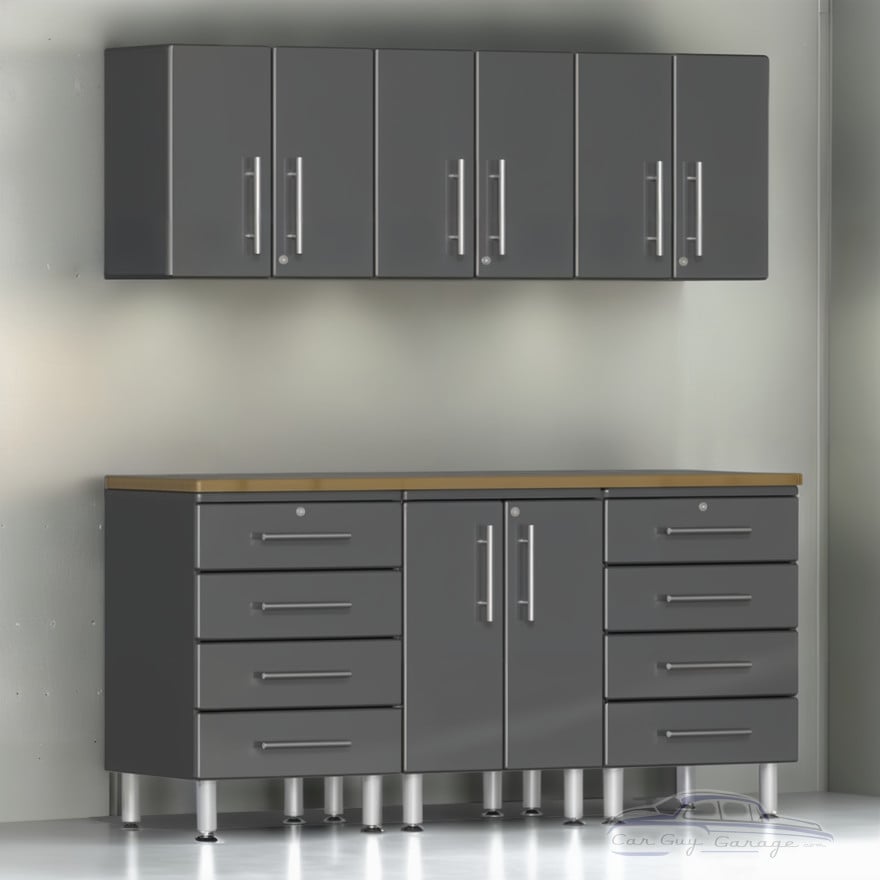 Grey Modular 7 Piece Garage Cabinet Kit with Bamboo Worktop Grey Modular 7 Piece Garage Cabinet Kit with Bamboo Worktop