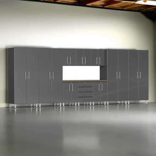 Grey Modular 11 Piece Garage Cabinet Kit with Bamboo Worktop
