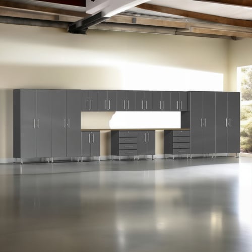 Grey Modular 16 Piece Garage Cabinet Kit with Dual Workstation