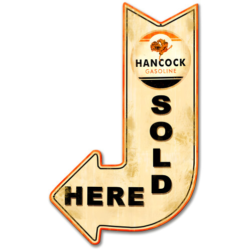 Hancock Sold Here Arrow Metal Sign - 15" x 24"