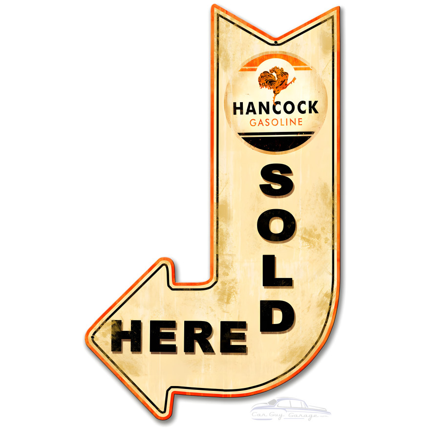 Hancock Sold Here Arrow Metal Sign - 15" x 24"