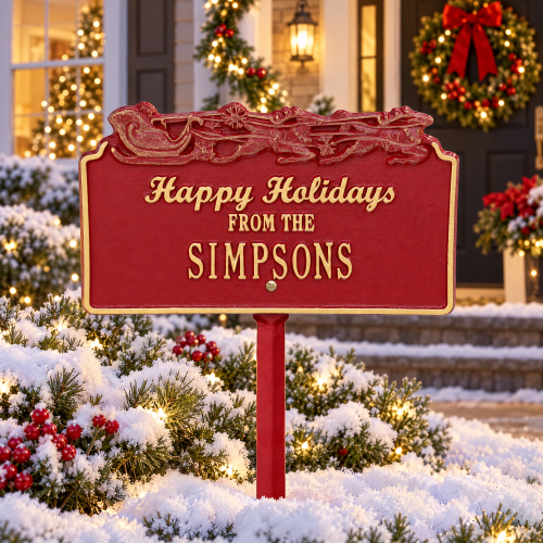 Happy Holidays Personalized Family Name Yard Stake Sign - Santa Sleigh