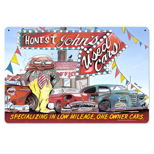 Honest John's Used Cars Metal Sign - 18" x 12"