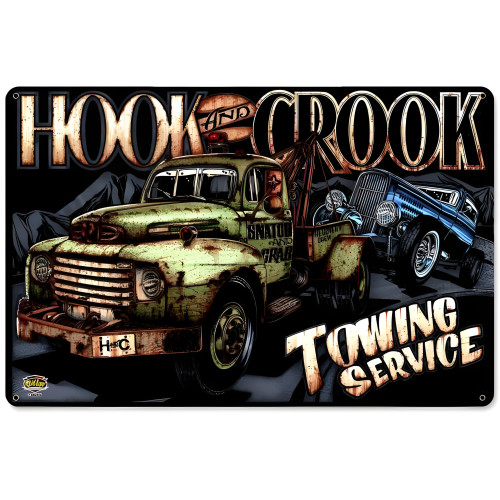Hook Crook Towing Metal Sign - 18" x 12"