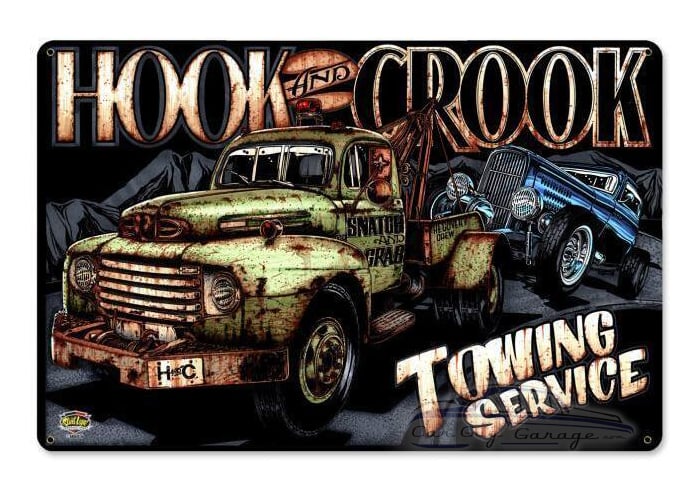 Hook Crook Towing Metal Sign - 18" x 12"