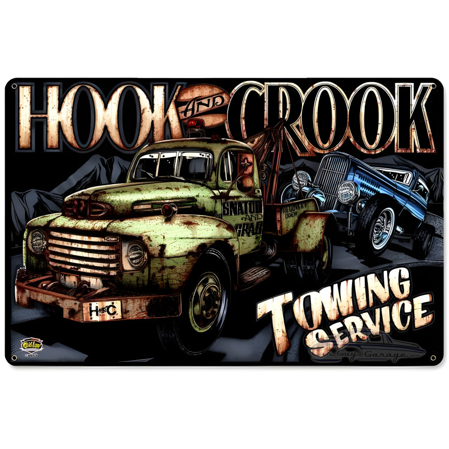 Hook Crook Towing Metal Sign - 18" x 12"