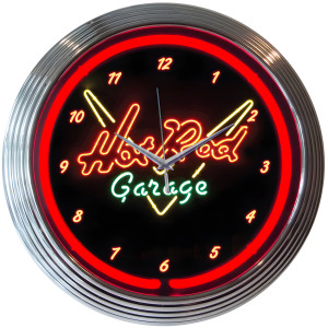 Hot Rod Garage Neon Wall Clock with Chrome Art Deco Rim