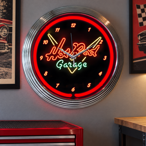 Hot Rod Garage Neon Wall Clock with Chrome Art Deco Rim