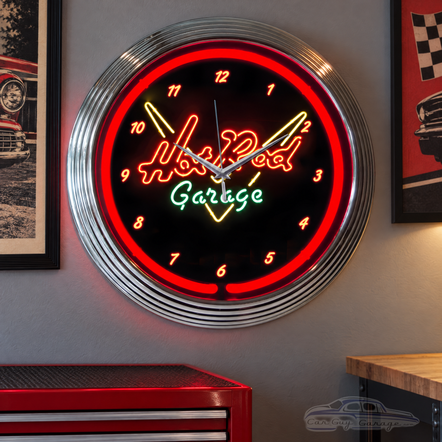 Hot Rod Garage Neon Wall Clock with Chrome Art Deco Rim