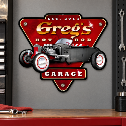 Hot Rod Garage Personalized Metal Sign - 14" x 15"