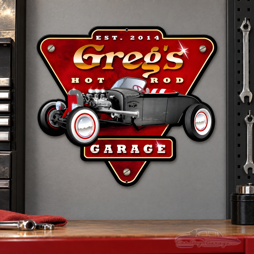 Hot Rod Garage Personalized Metal Sign - 14" x 15"