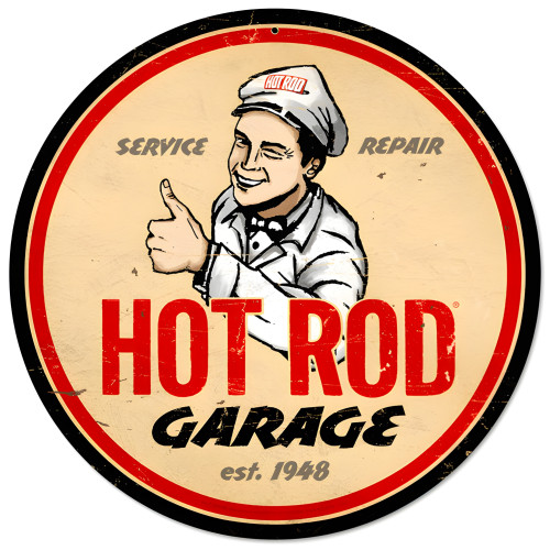 Hot Rod Garage Metal Sign - 14" Round