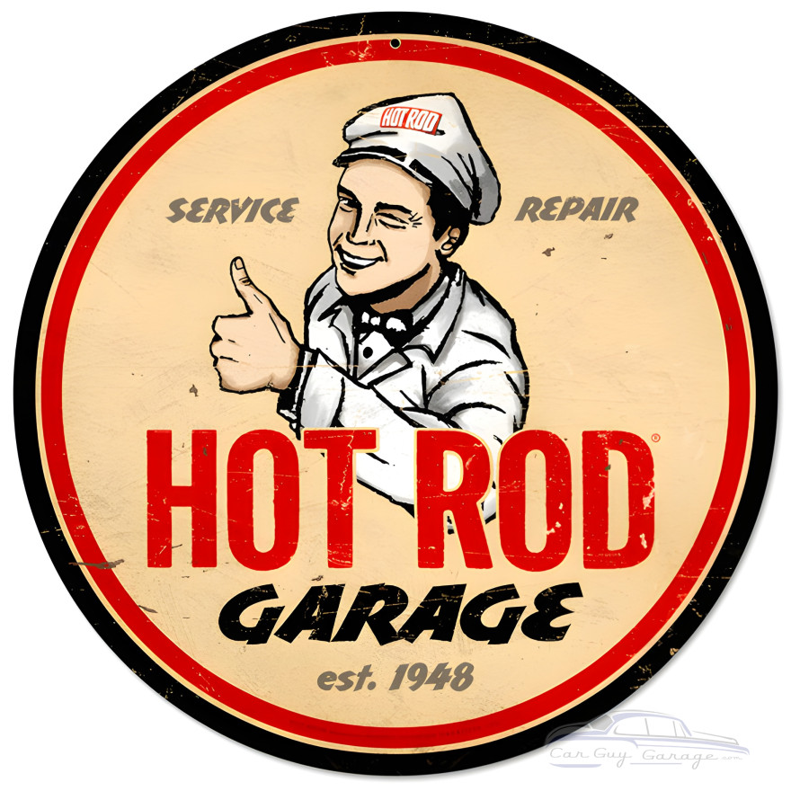 Hot Rod Garage Metal Sign - 14" Round