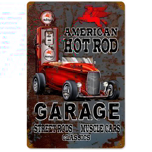 Hot Rod Mobilgas Metal Sign - 12" x 18"