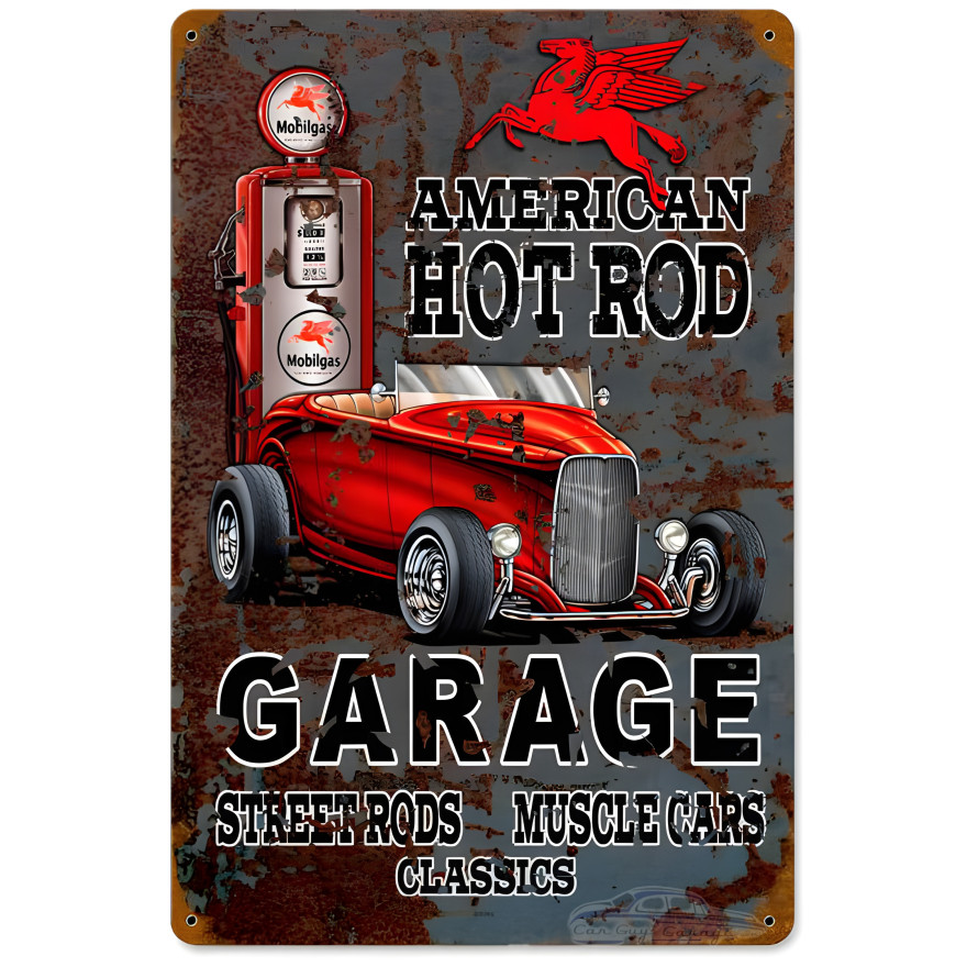 Hot Rod Mobilgas Metal Sign - 12" x 18"