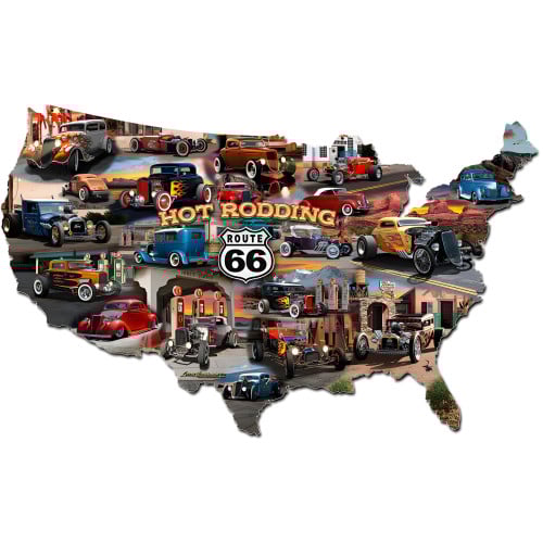 Hot Rod Route 66 Map Metal Sign - 25" x 16"