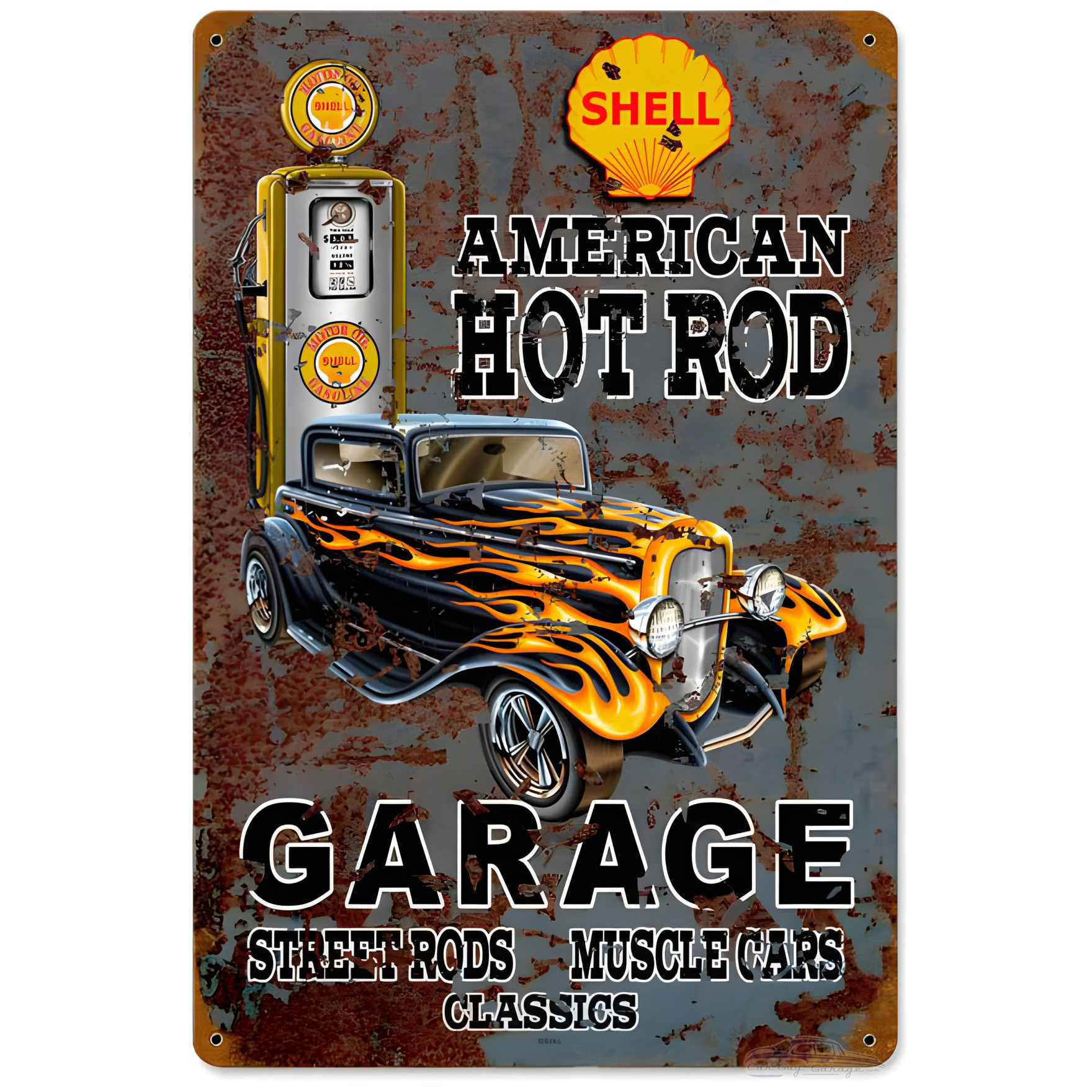 Hot Rod Shell Gas Metal Sign - 12x18 Garage Art