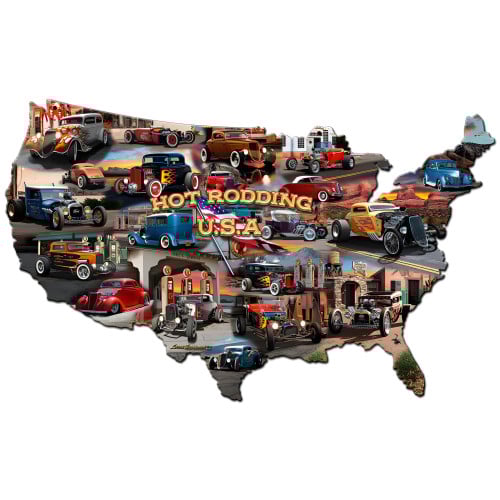 Hot Rod USA Map Metal Sign - 25" x 16"