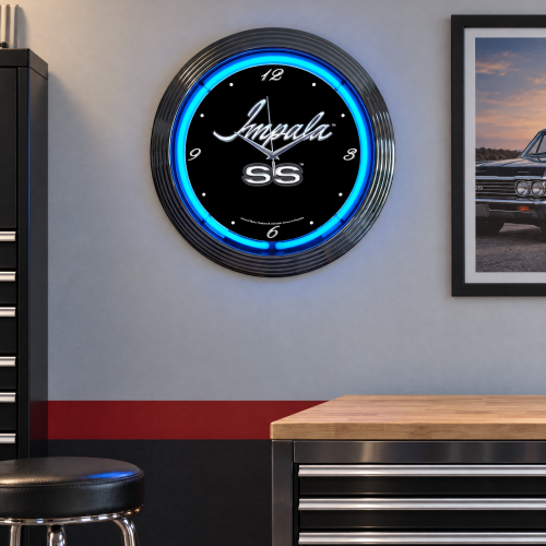 Chevrolet Impala SS Blue Neon Wall Clock - 15 Inch