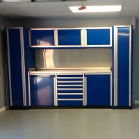 130" Aluminum Garage Cabinet Set with Lockers and Workbench, Blue