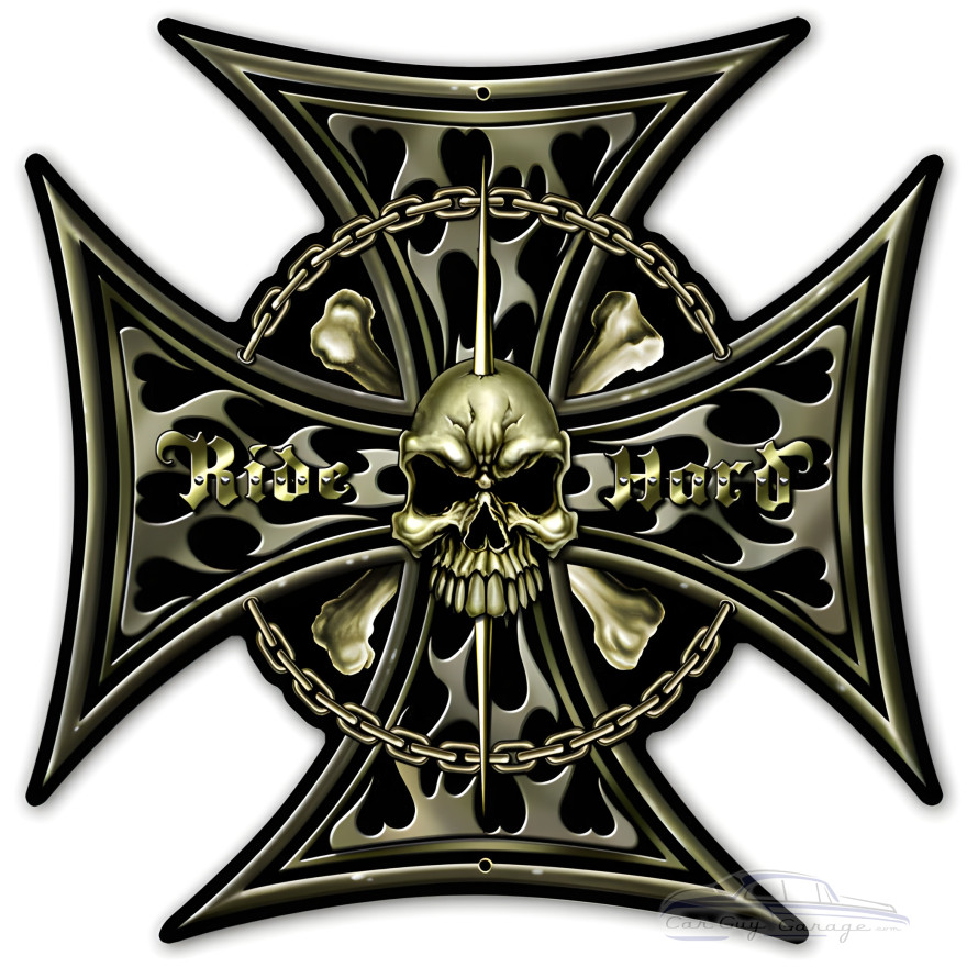 Iron Cross Skull Metal Sign - 15" x 15"
