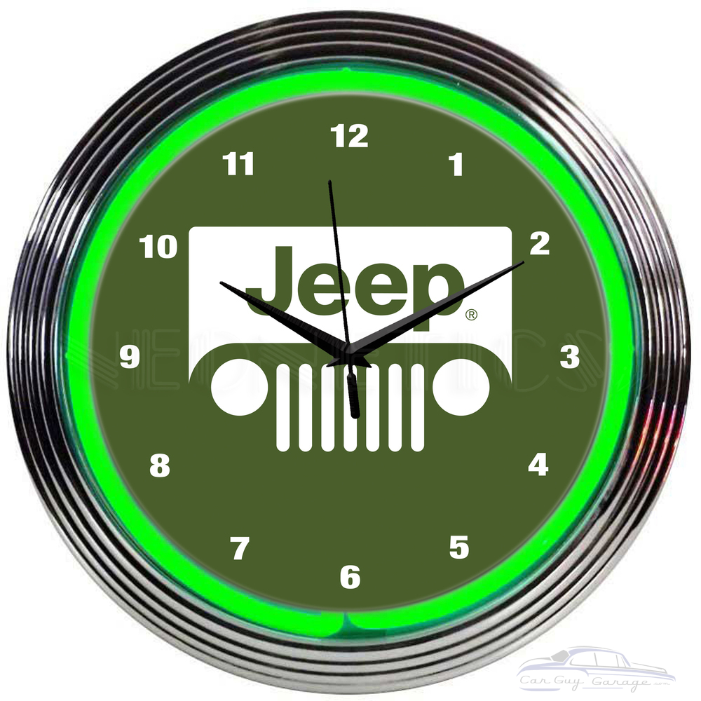 Yellow or Man Cave Accessories Garage Trademark Global Neon Wall Clock-Jeep Grille 2 Double Rung Analog Clock with Pull Chain-Pub