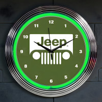 Jeep Grille Green Neon Wall Clock with Chrome Rim - 15" Round