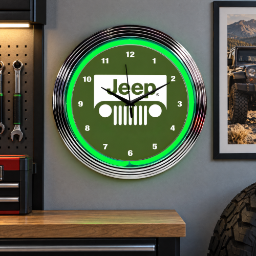 Jeep Wall Clock with Green Neon and Chrome Rim - 15 Inch