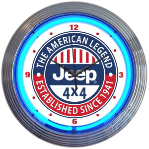 Jeep American Legend 4x4 Neon Wall Clock Blue Chrome - 15" Round