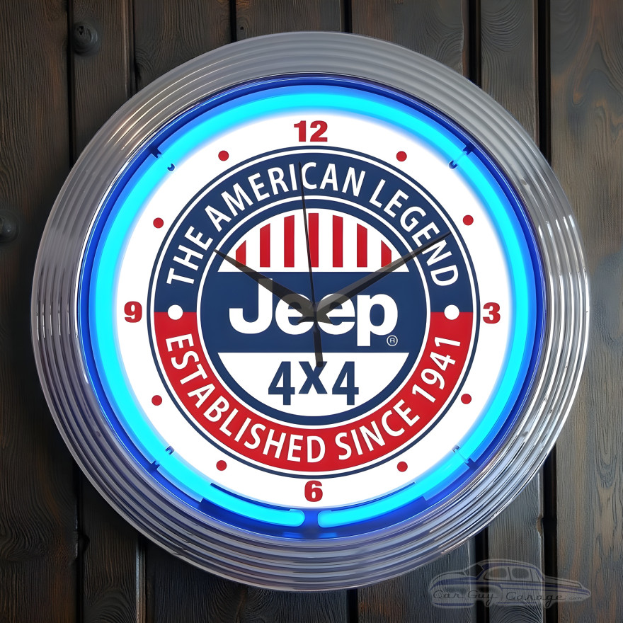 Jeep Neon Wall Clock American Legend 4x4 Blue Chrome